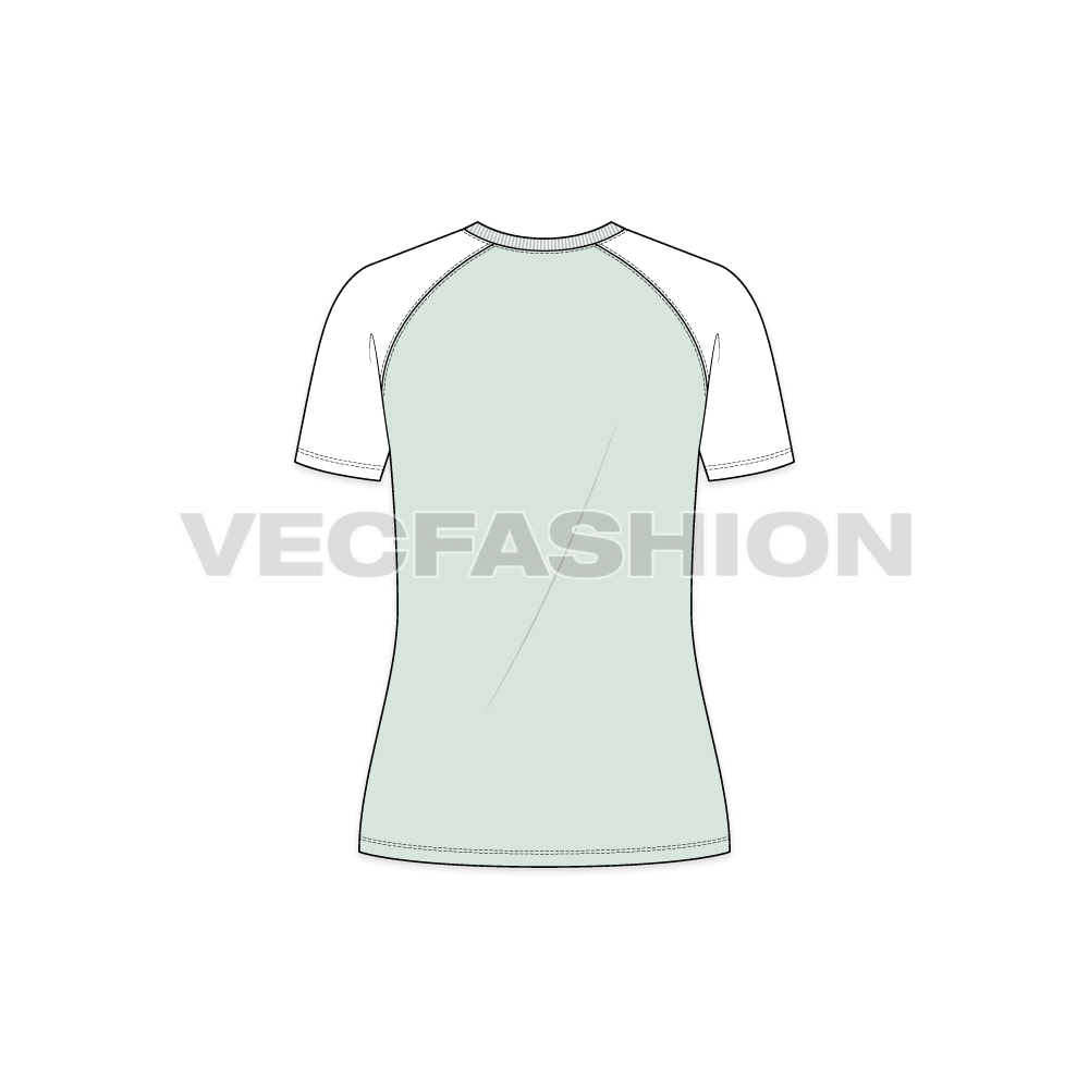 Womens v-neck raglan sleeved tee flat sketch, back view