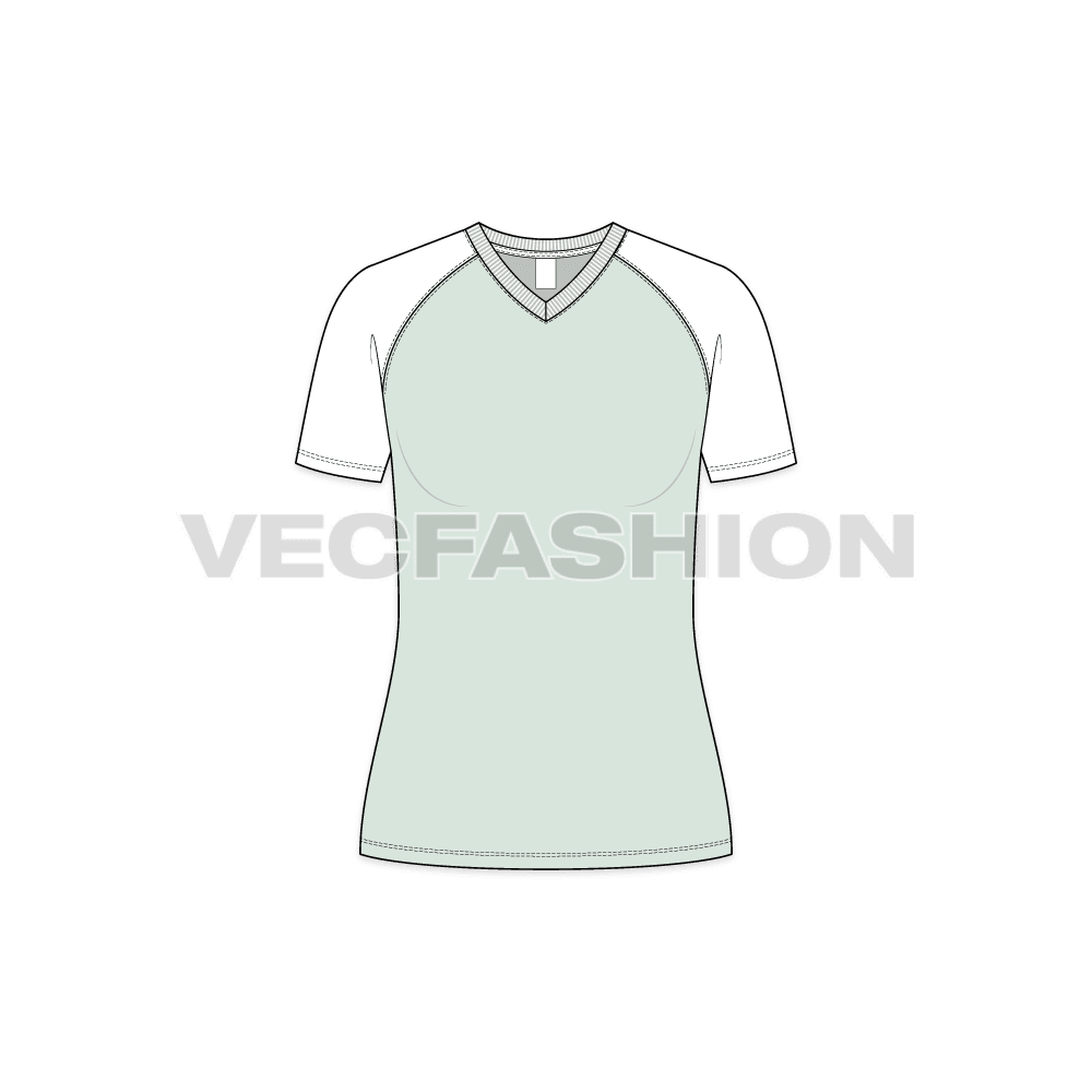 Womens v-neck raglan sleeved tee flat sketch, front view