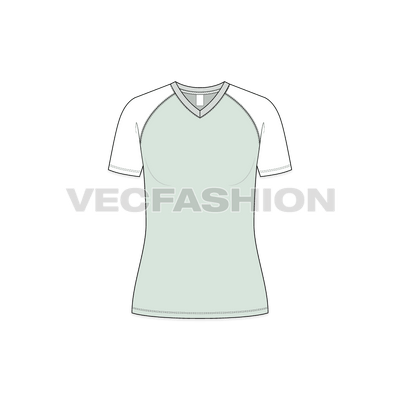 A vector template for Women's V-neck Raglan Sleeved Tee. It has ribbed neckline with contrast sleeves.