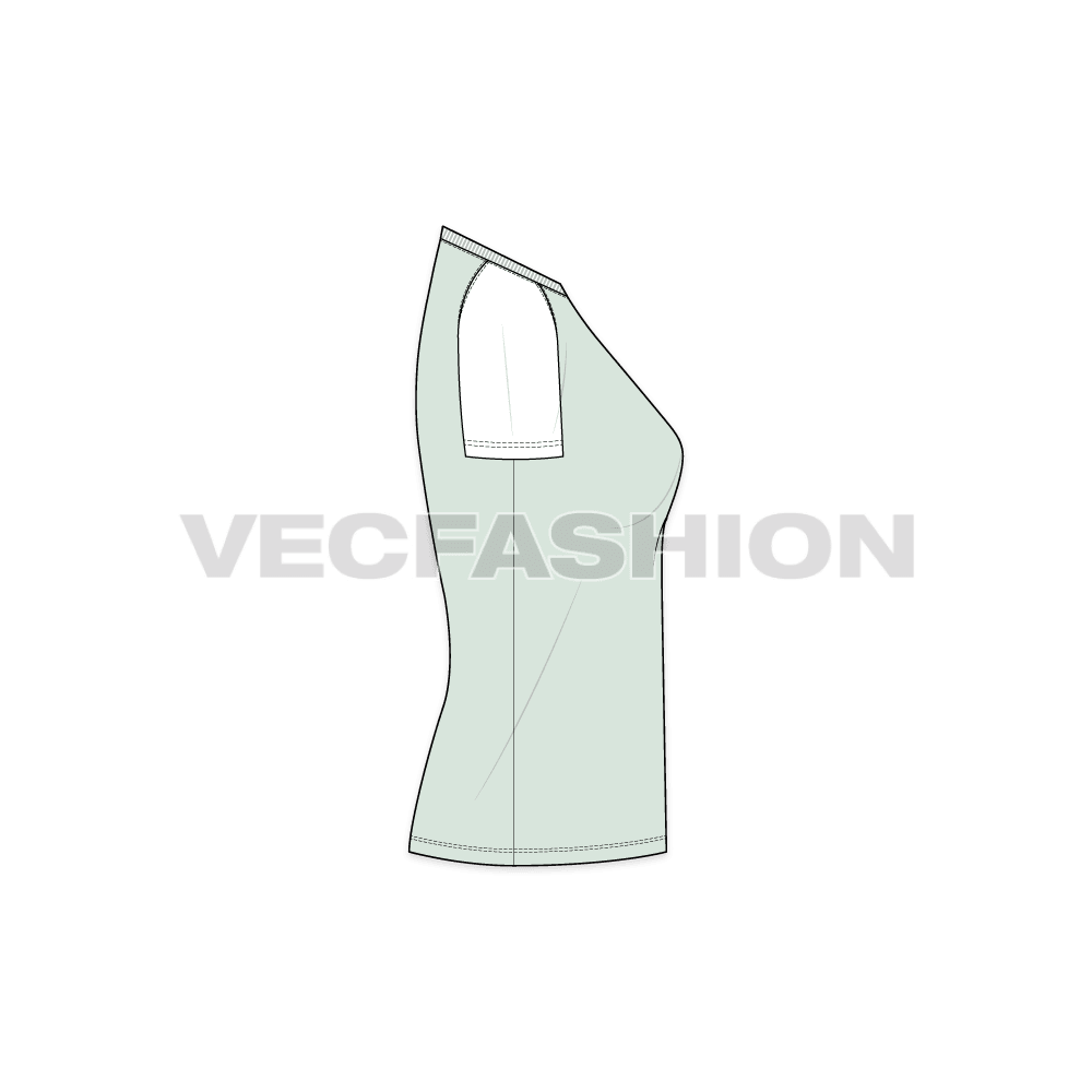 Womens v-neck raglan sleeved tee flat sketch, side view
