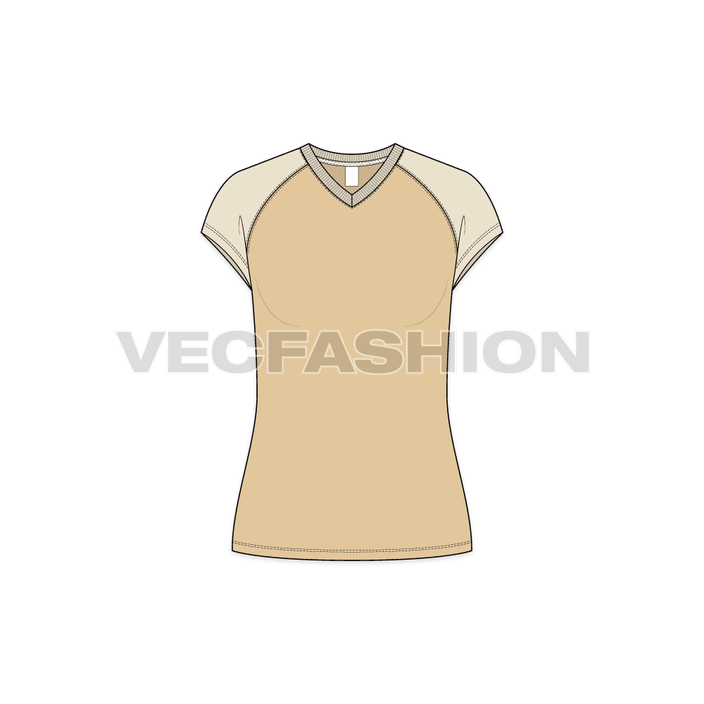 Womens v-neck raglan tee flat sketch, front view