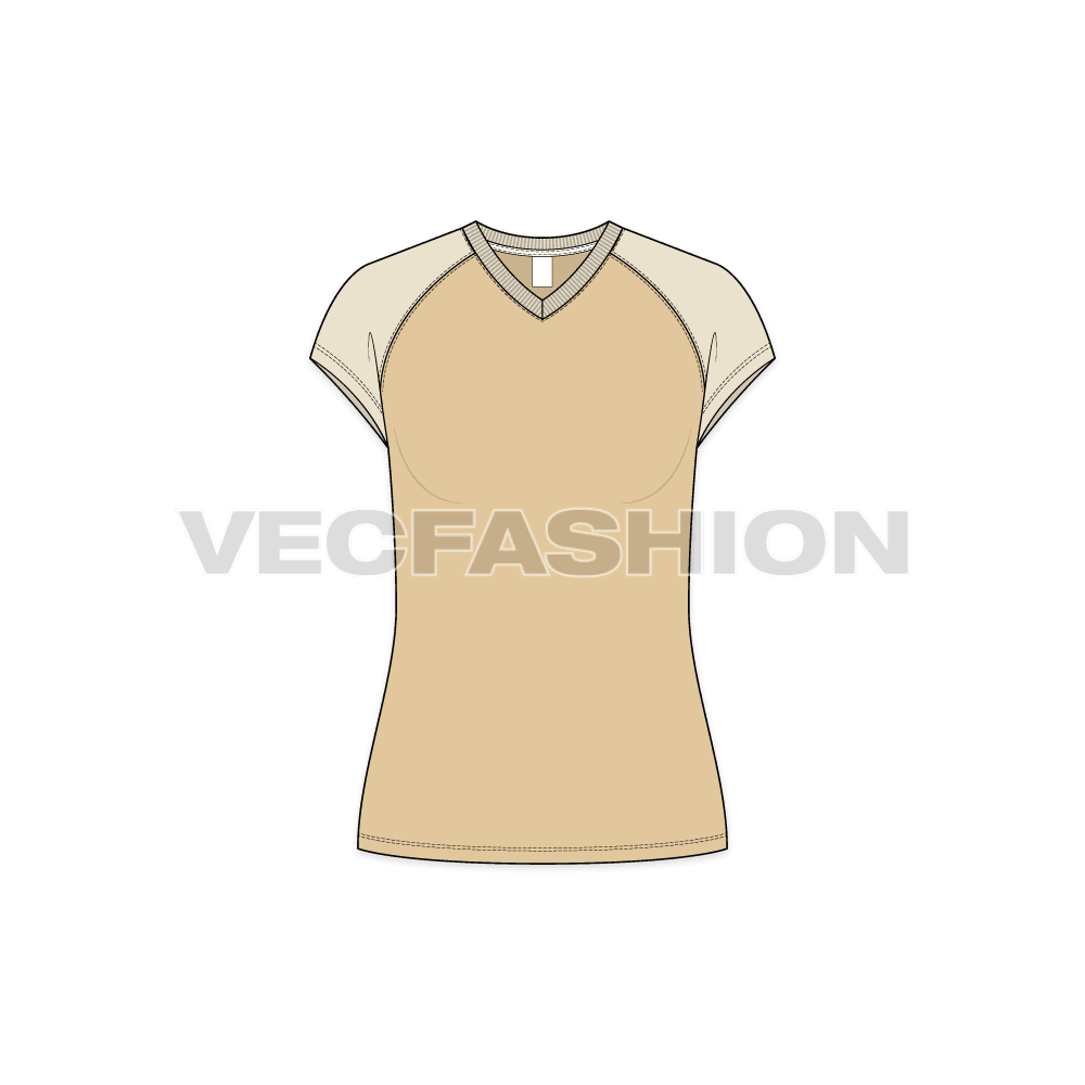A vector template for Women's V-neck Raglan Tee. It has ribbed V-neck detailing. It is rendered in a very nice cream color with sleeves being a skin color.