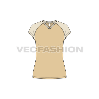 A vector template for Women's V-neck Raglan Tee. It has ribbed V-neck detailing. It is rendered in a very nice cream color with sleeves being a skin color.