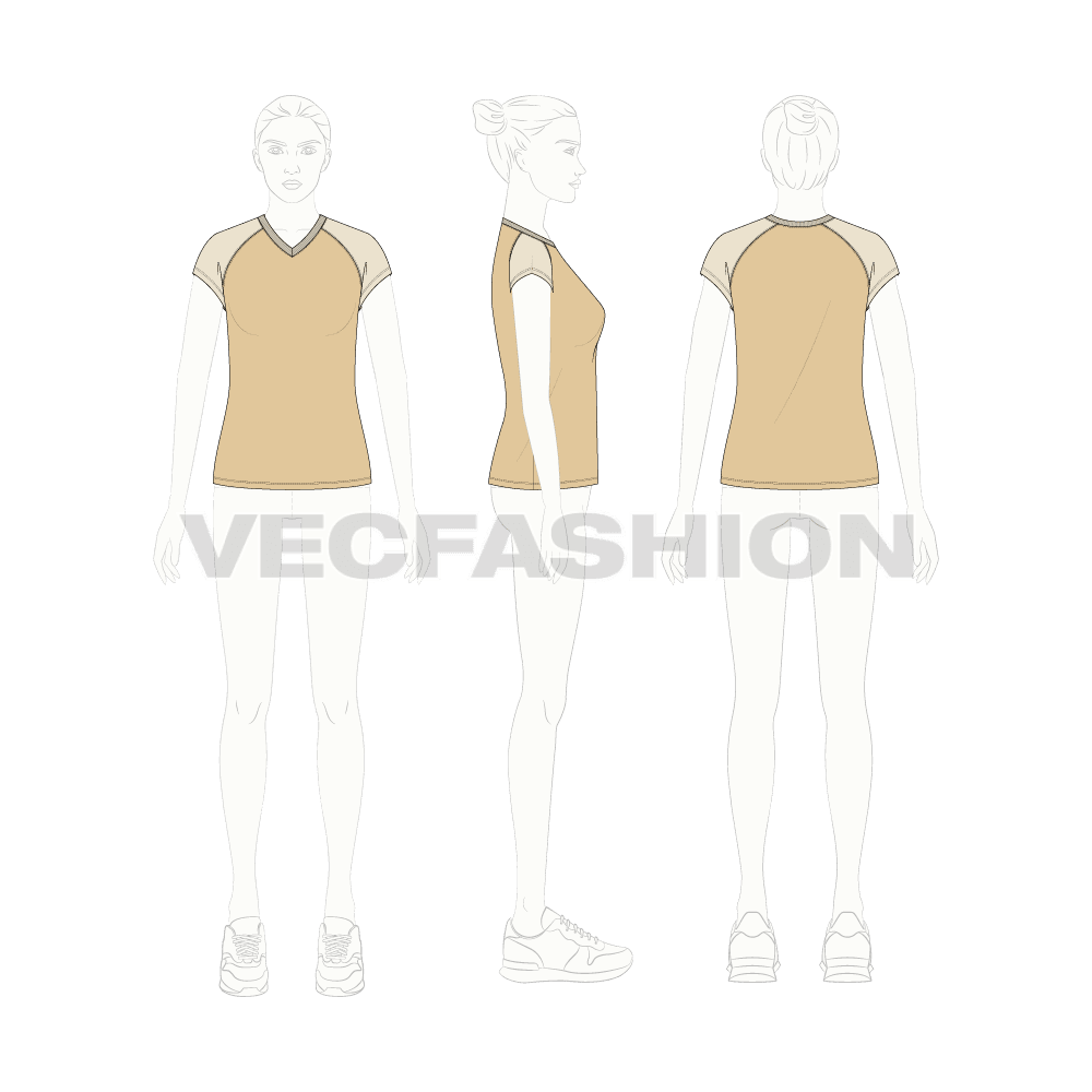 Womens v-neck raglan tee flat sketch, croqui sketch