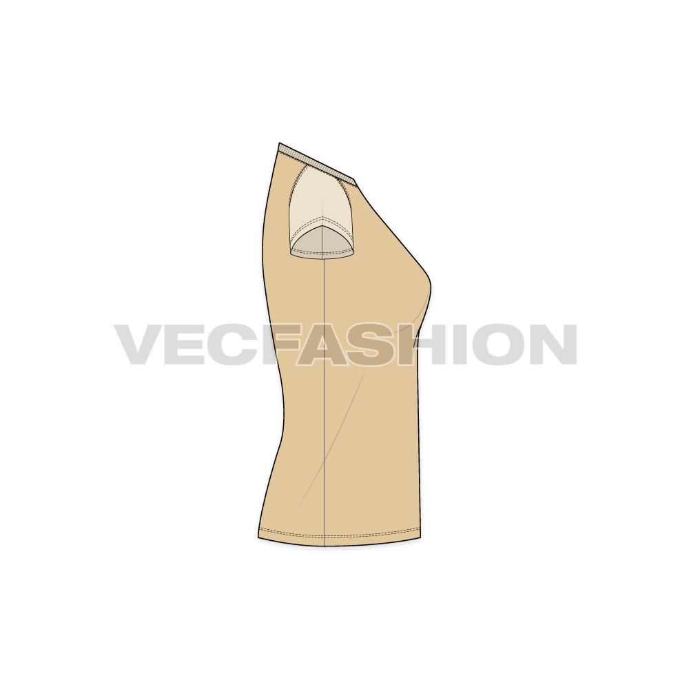 Womens v-neck raglan tee flat sketch, side view