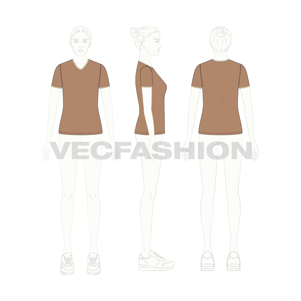 Womens v-neck ringer tee flat sketch, croqui sketch