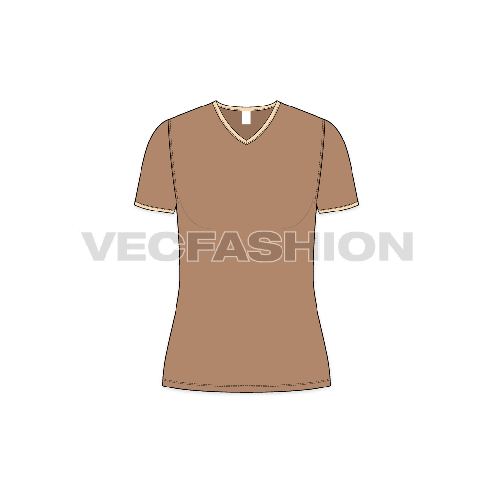 Womens v-neck ringer tee flat sketch, front view
