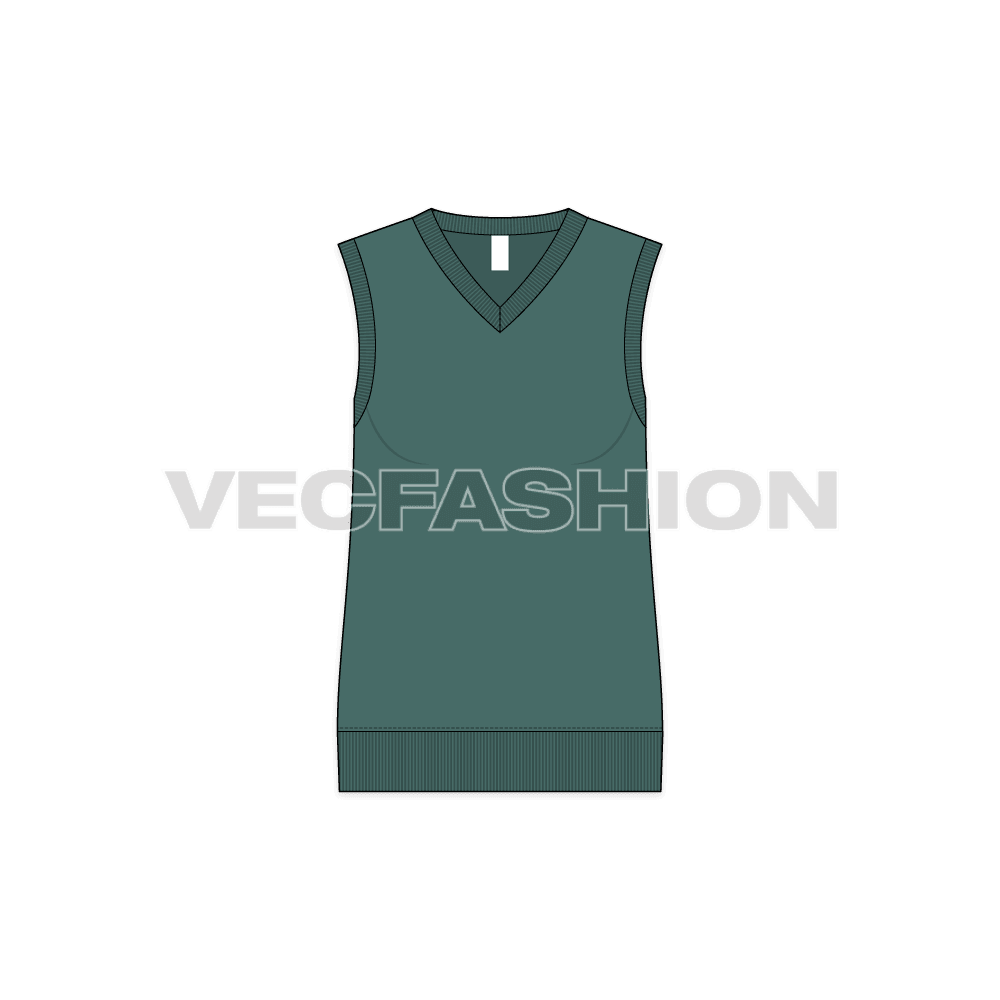 A clean template for Women's V Neck Sleeveless Sweater Vest in forest green color. This template have soft and thick Rib on Neck, Arm holes and Bottom hem.