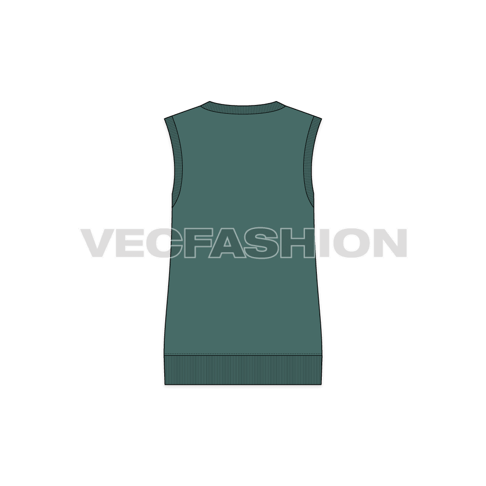 Womens v neck sweater vest flat sketch, back view