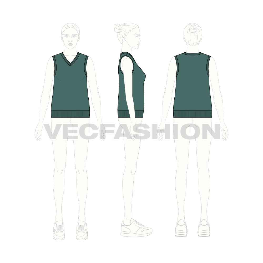 Womens v neck sweater vest flat sketch, croqui sketch
