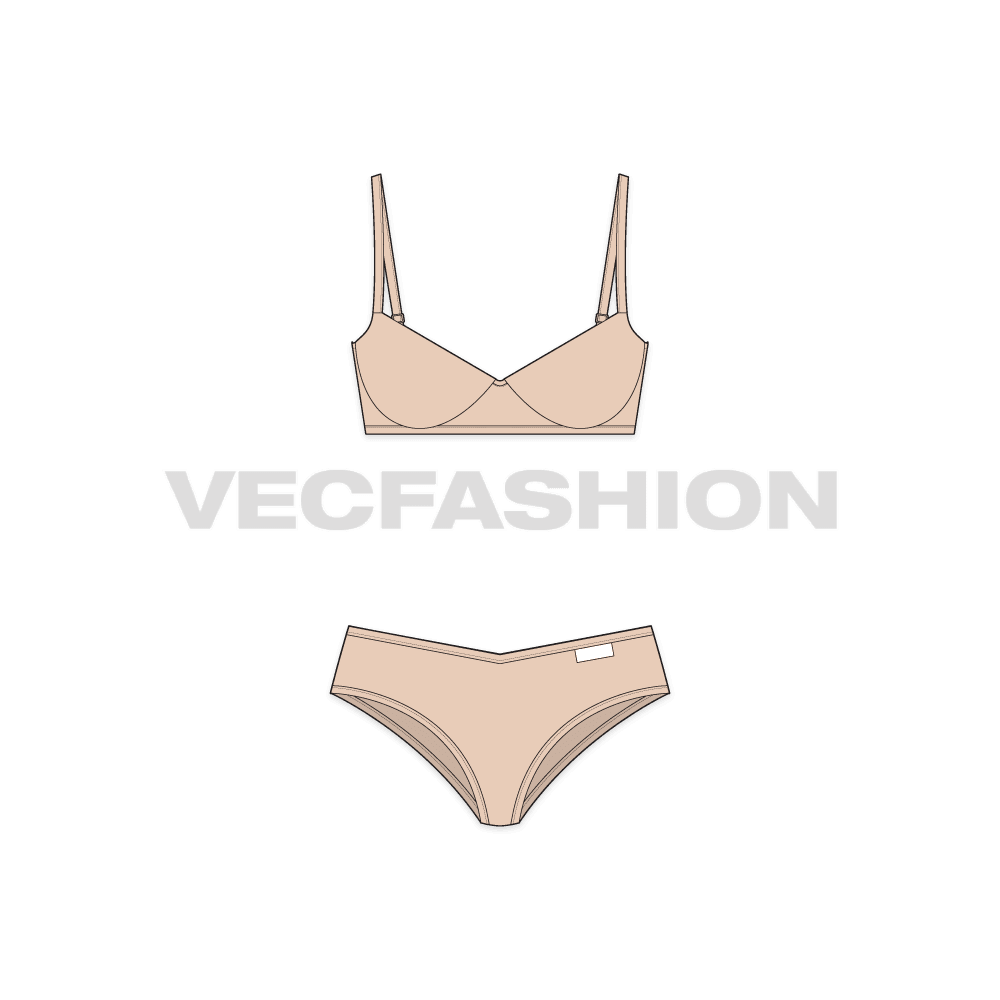 Womens v-shape underwear set flat sketch, front view