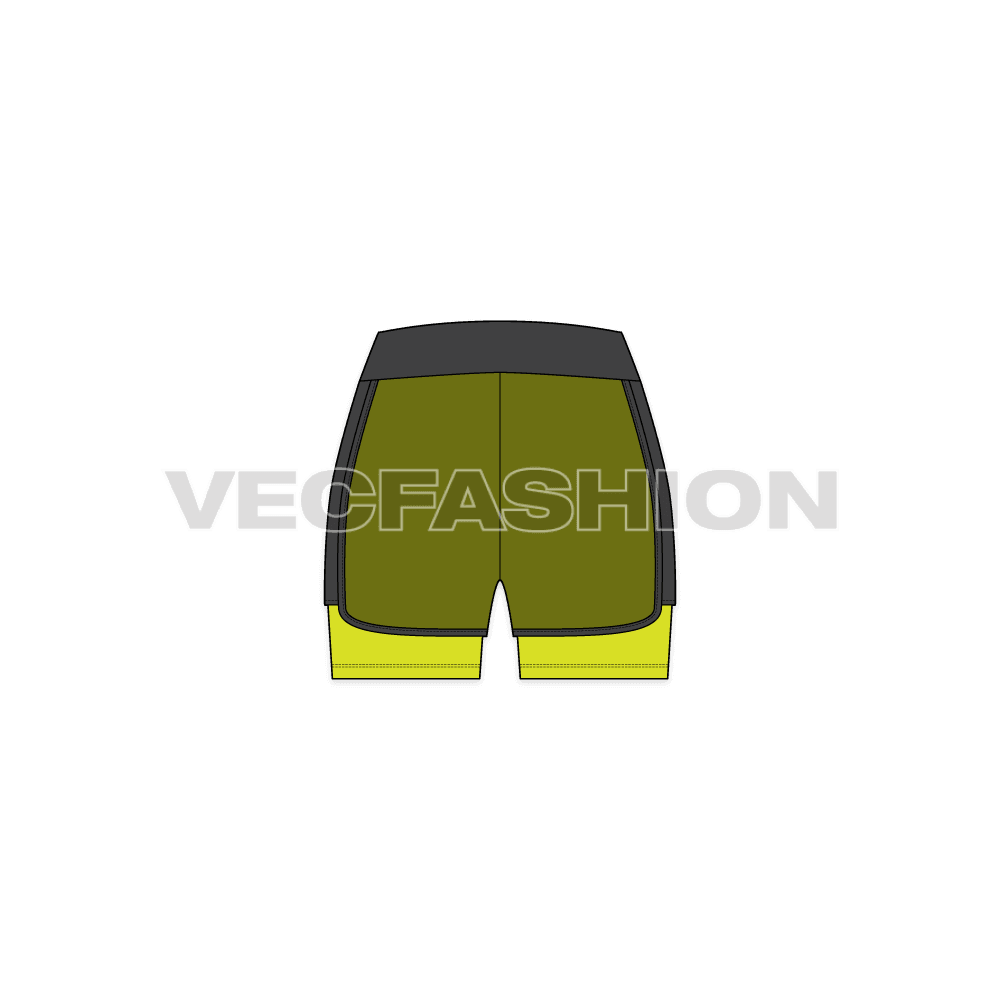 A vector fashion sketch template of Women's Gym Shorts. It is made with two types of fabric layered on top of each other. There is micro mesh fabric on top giving a translucent effect.