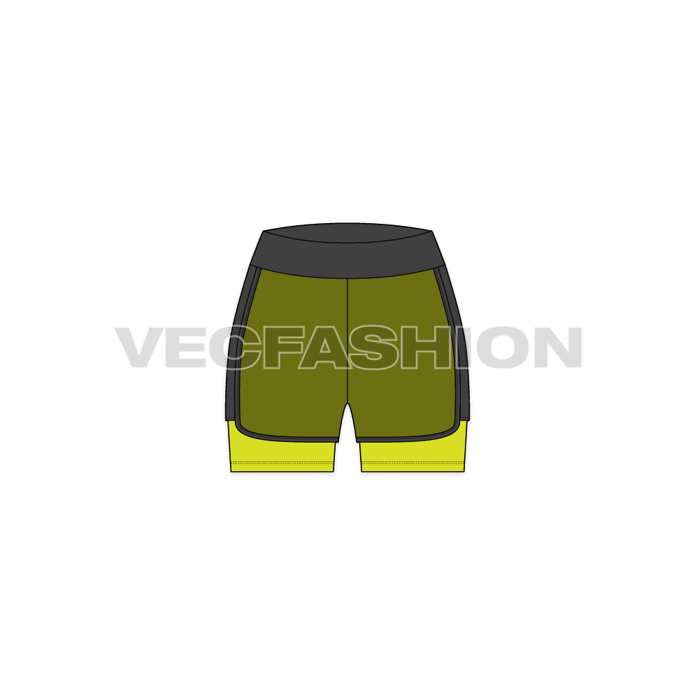 A vector fashion sketch template of Women's Gym Shorts. It is made with two types of fabric layered on top of each other. There is micro mesh fabric on top giving a translucent effect.