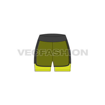A vector fashion sketch template of Women's Gym Shorts. It is made with two types of fabric layered on top of each other. There is micro mesh fabric on top giving a translucent effect.