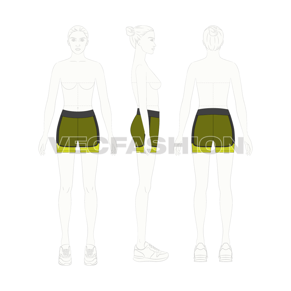 Womens vector gym shorts flat sketch, croqui sketch