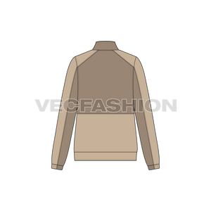 A vector illustrator template of Women's Vector Mock Neck Jacket. It has contrast half body on front and back. The sleeves have contrast panel with pockets detailing on side front.