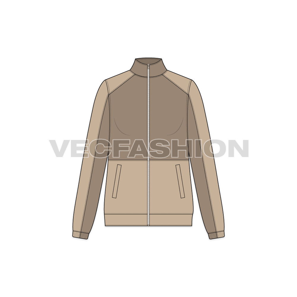 A vector illustrator template of Women's Vector Mock Neck Jacket. It has contrast half body on front and back. The sleeves have contrast panel with pockets detailing on side front.