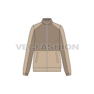 A vector illustrator template of Women's Vector Mock Neck Jacket. It has contrast half body on front and back. The sleeves have contrast panel with pockets detailing on side front.