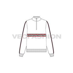 A vector template for Women's Sweat Jacket. It is a great design for a multi-purpose jacket in white color with contrast trims. The collar is soft and standing with small size zipper to make it a nice pullover. 