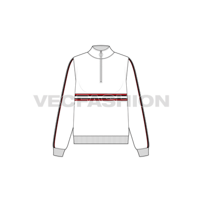 A vector template for Women's Sweat Jacket. It is a great design for a multi-purpose jacket in white color with contrast trims. The collar is soft and standing with small size zipper to make it a nice pullover. 