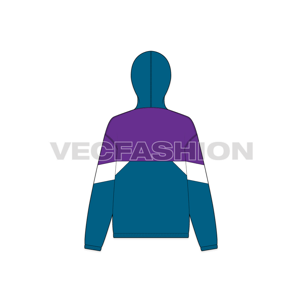 A new vector sketch illustrator template of Women's Vector Windbreaker Hooded Sketch. It has contrast colored panels on front body and on sleeves making it a great design for windbreakers.