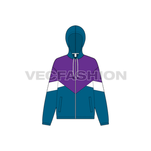 A new vector sketch illustrator template of Women's Vector Windbreaker Hooded Sketch. It has contrast colored panels on front body and on sleeves making it a great design for windbreakers.