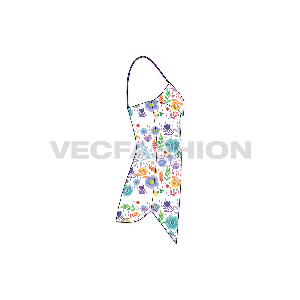 Womens vintage floral dress flat sketch, side view