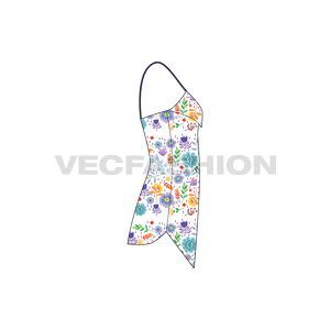 A vector template for Women's Vintage Floral Dress. It has an all over print on the body fabric. the cut is A-symmetrical with Spaghetti Straps on shoulders.  