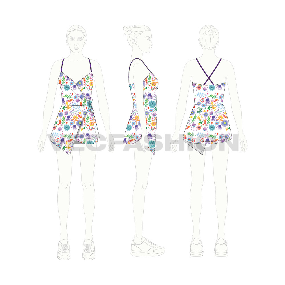 Womens vintage floral dress flat sketch, croqui sketch