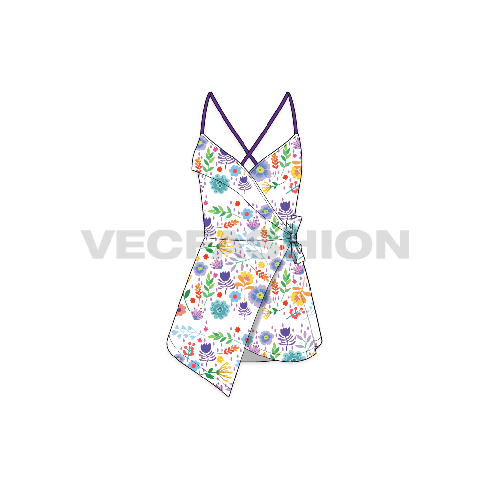 Womens vintage floral dress flat sketch, front view