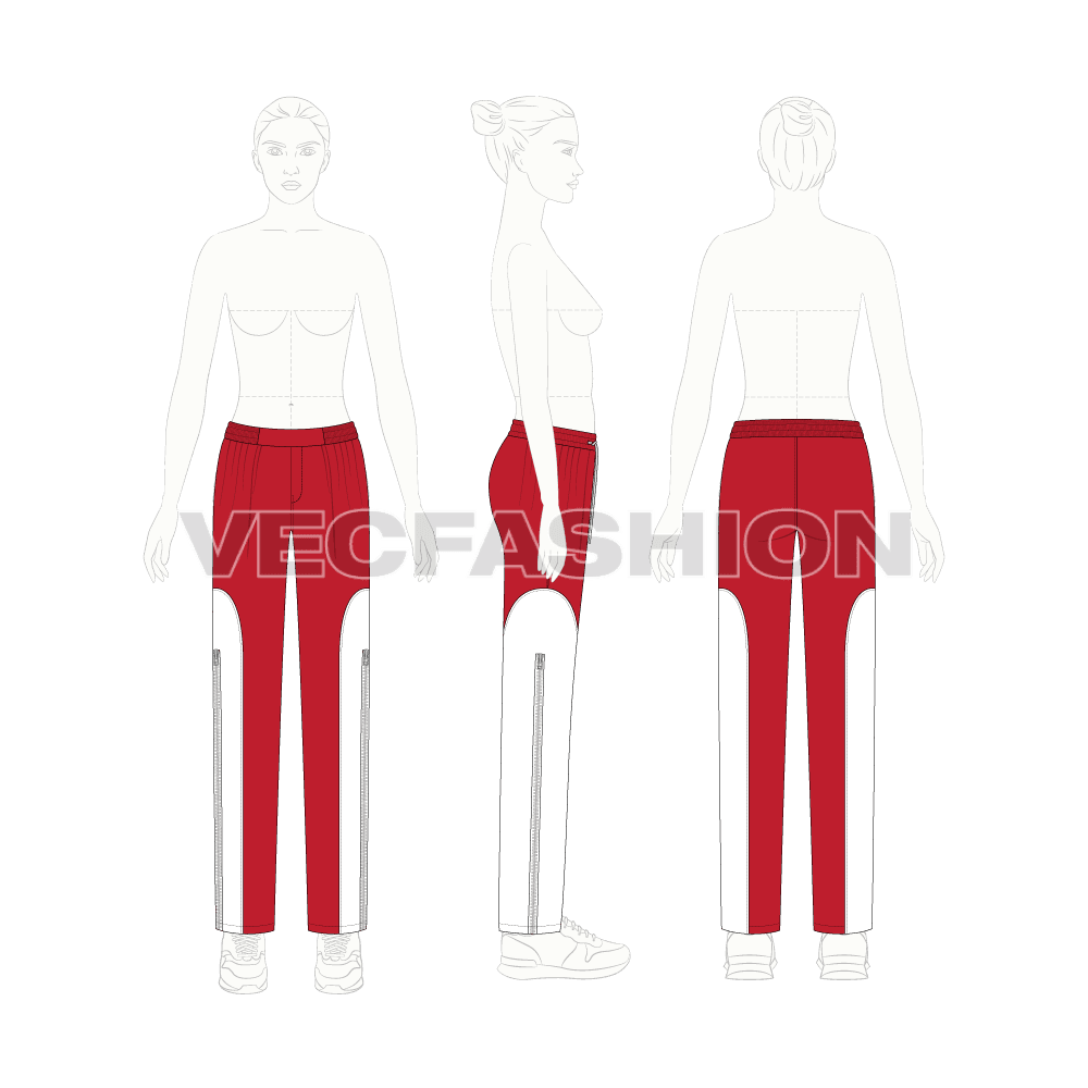 Womens waterproof pants flat sketch, on croqui