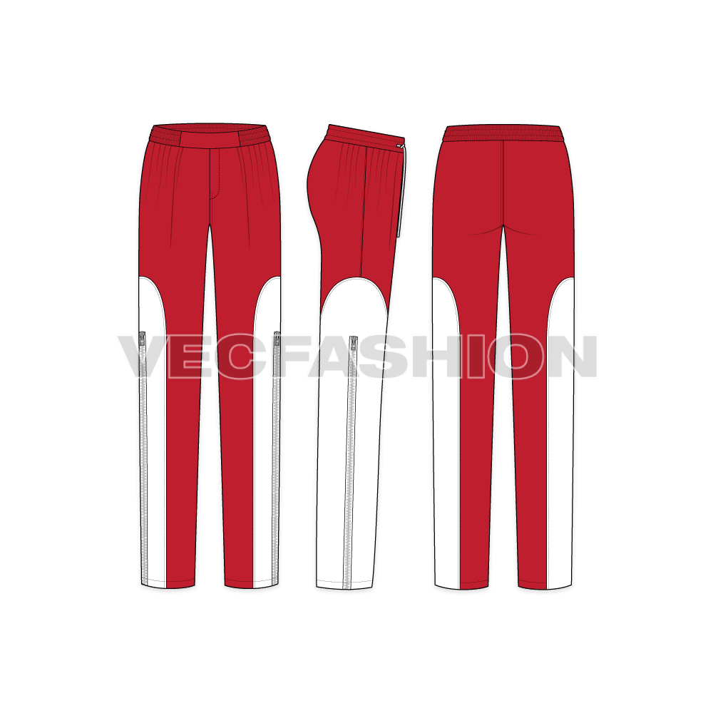 Womens waterproof pants flat sketch, showing all views, front, side and back