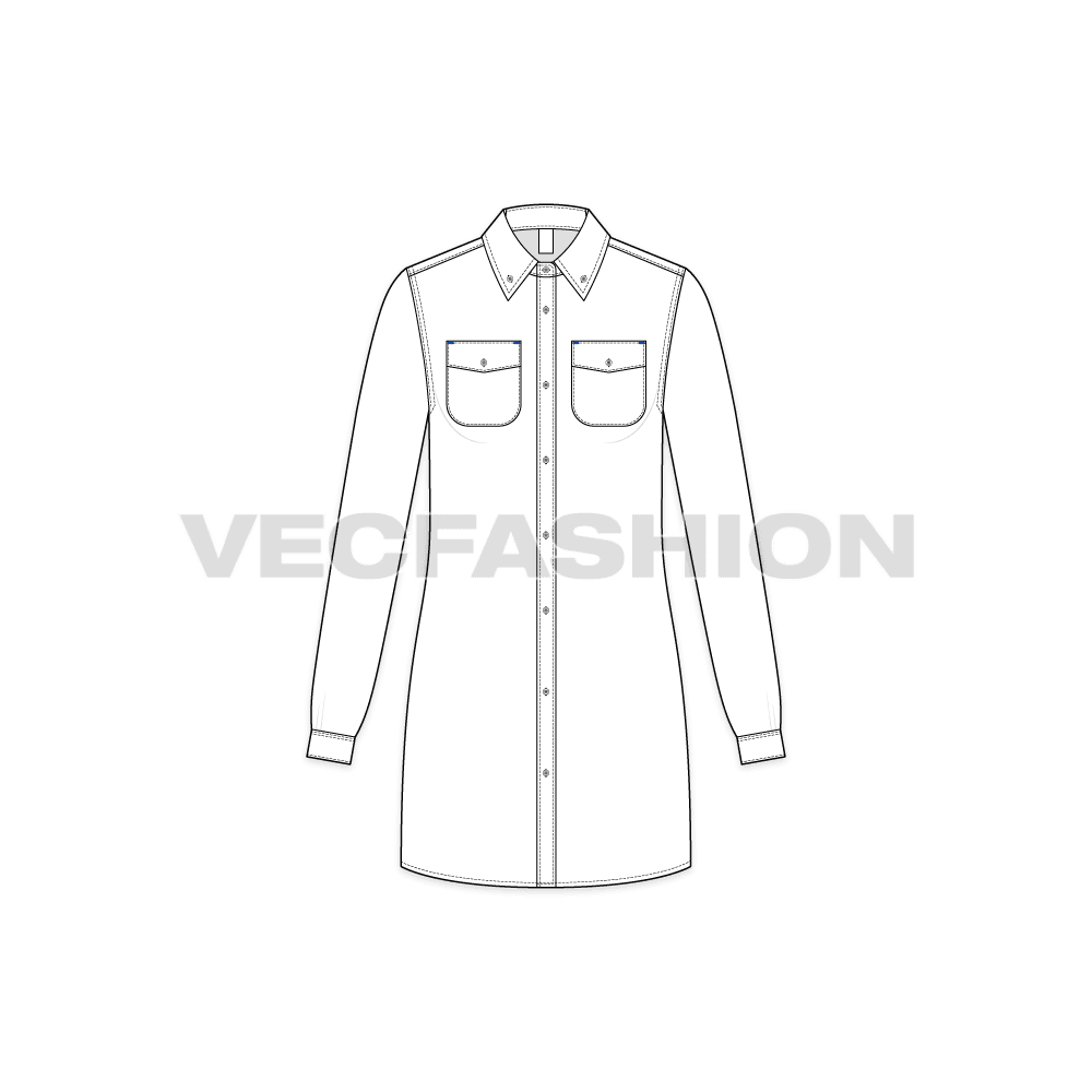 Womens white shirt dress flat sketch, front view
