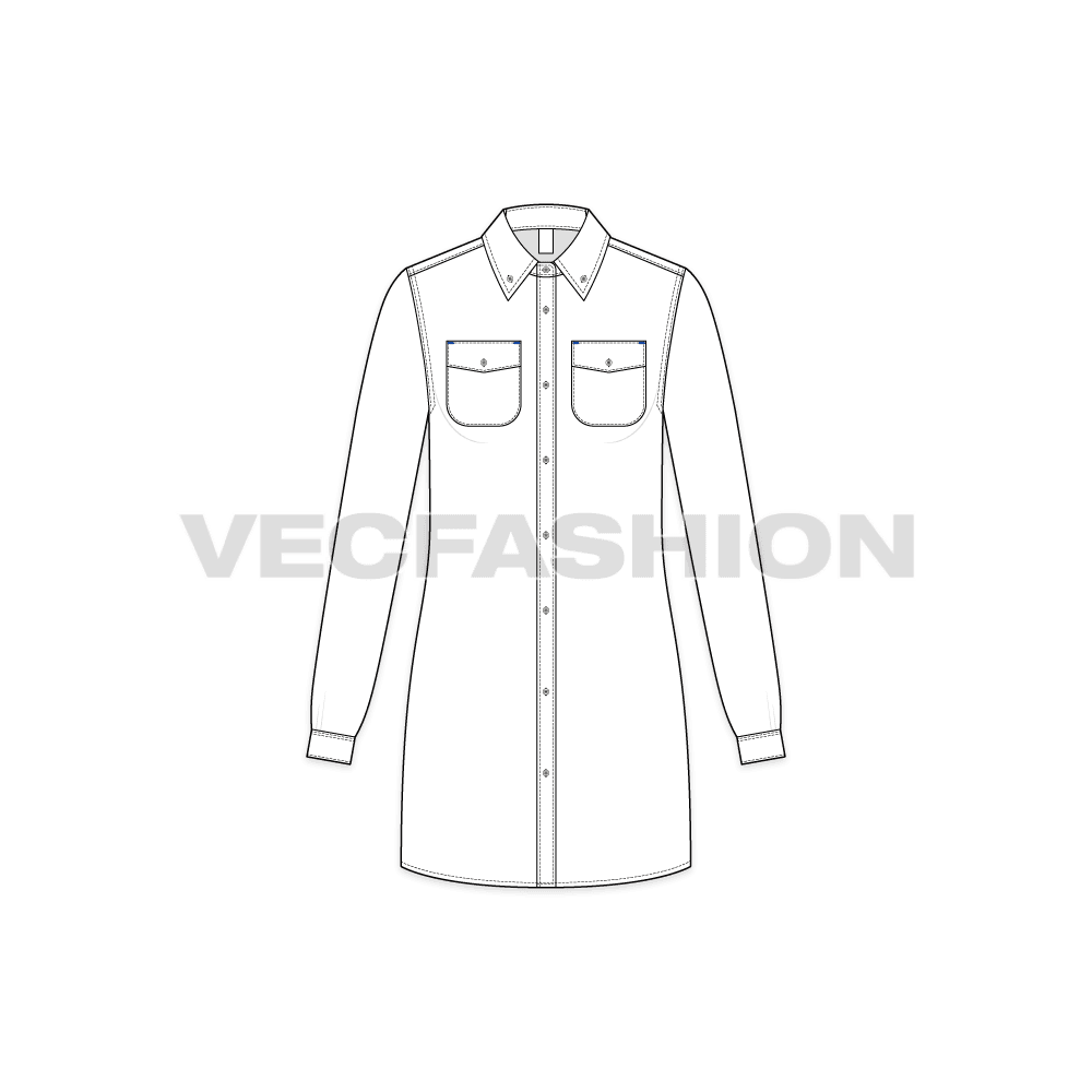 A clean template for Women's Shirt Dress commonly seen these days so much around because this is the in-thing! This Shirt Dress Vector Template have necessary stitching and construction details.