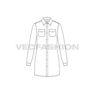 A clean template for Women's Shirt Dress commonly seen these days so much around because this is the in-thing! This Shirt Dress Vector Template have necessary stitching and construction details.