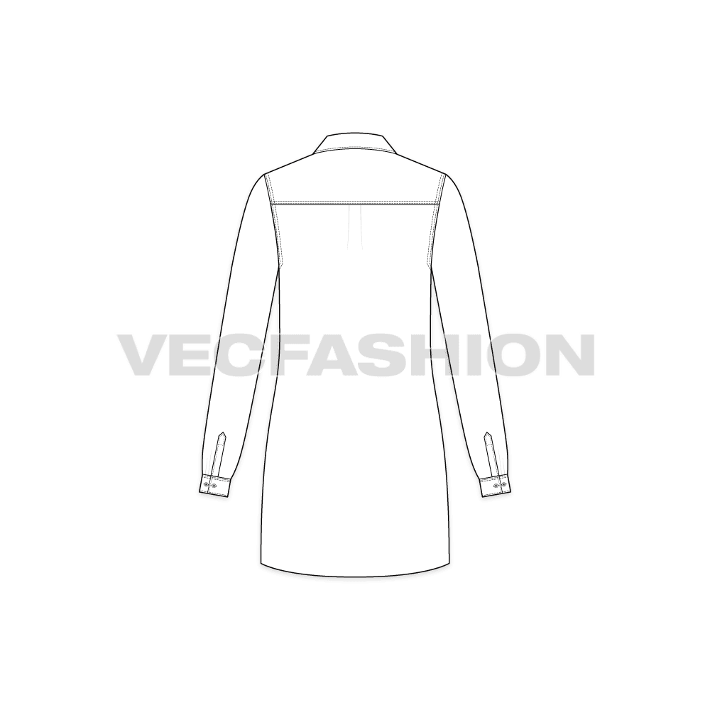 Womens white shirt dress flat sketch, back view