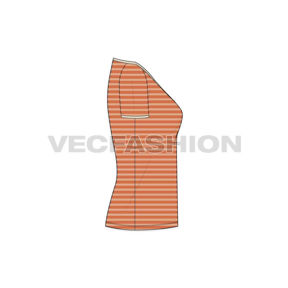 Womens wide neck v-neck t-shirt flat sketch, side view