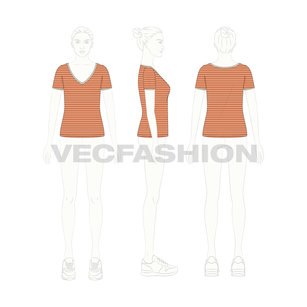Womens wide neck v-neck t-shirt flat sketch, croqui sketch