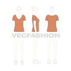Womens wide neck v-neck t-shirt flat sketch, croqui sketch