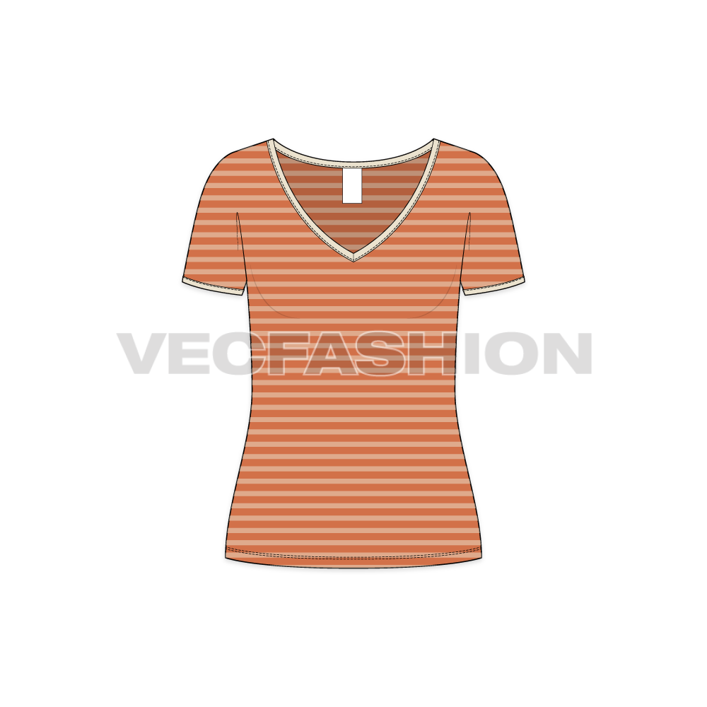 Womens wide neck v-neck t-shirt flat sketch, front view
