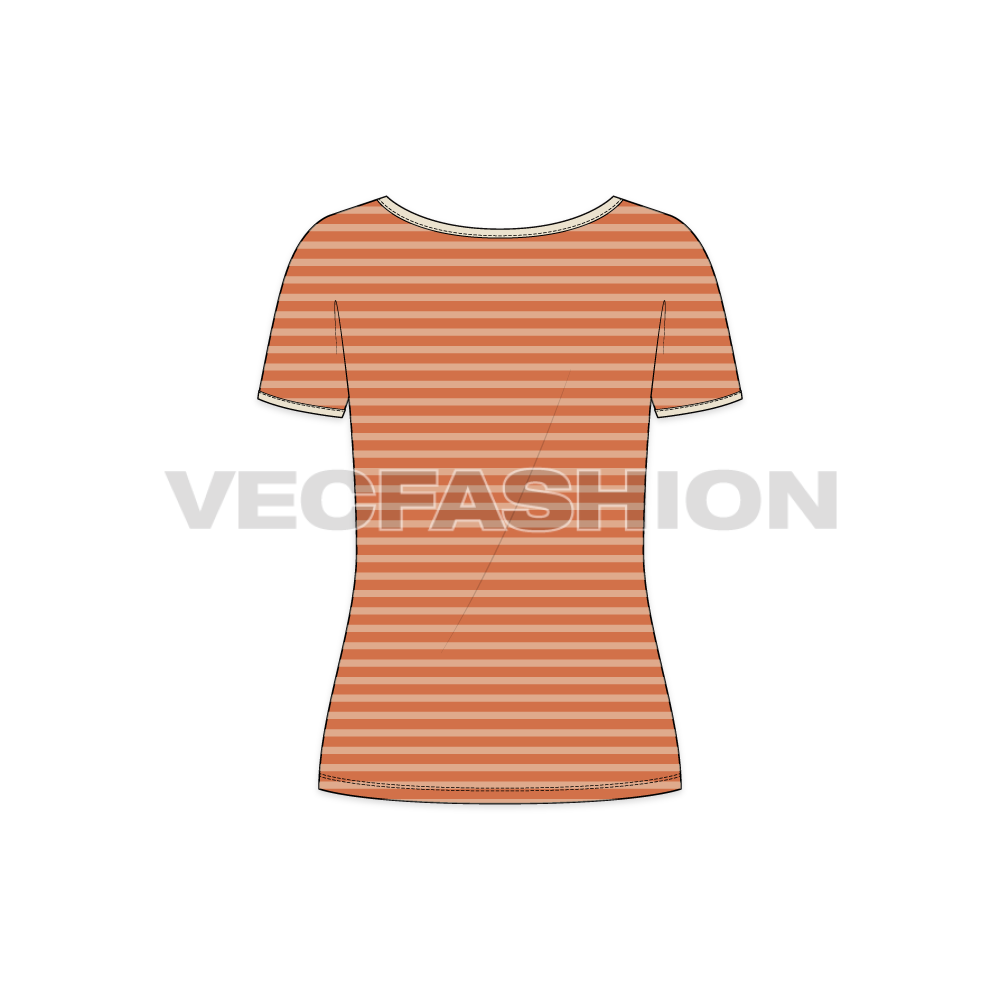 Womens wide neck v-neck t-shirt flat sketch, back view