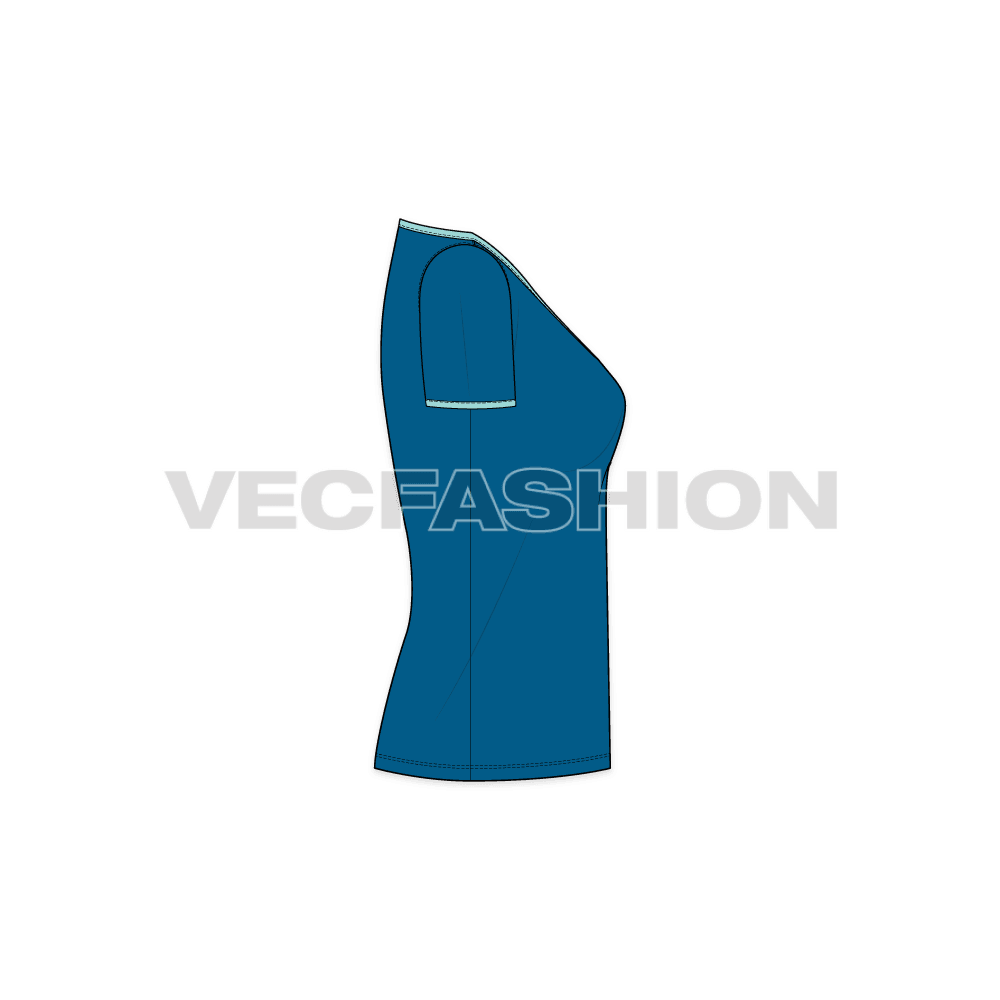 Womens wide v-neck ringer tee flat sketch, side view