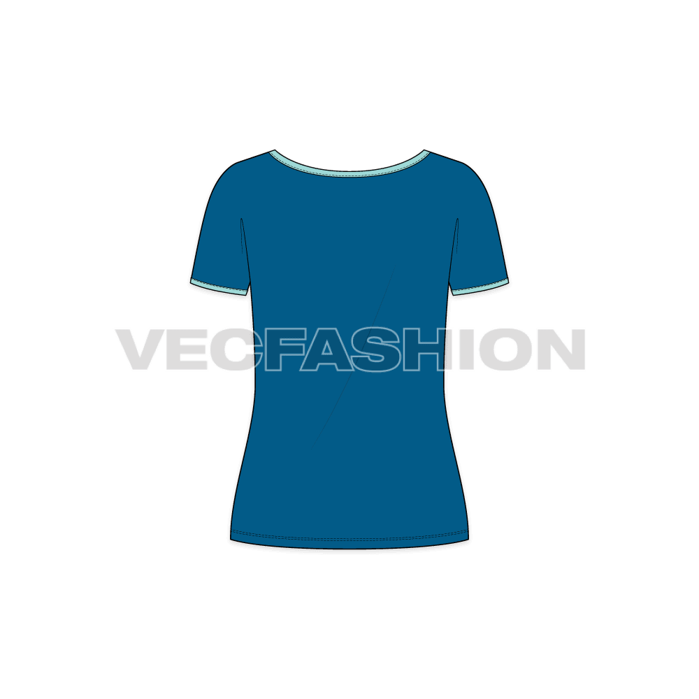 Womens wide v-neck ringer tee flat sketch, back view