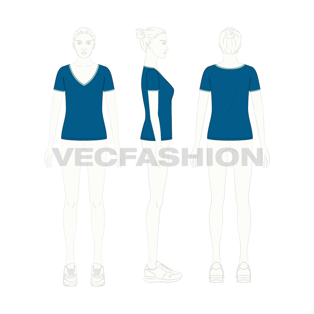 Womens wide v-neck ringer tee flat sketch, croqui sketch