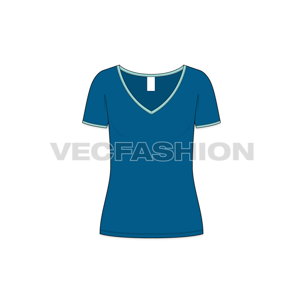 Womens wide v-neck ringer tee flat sketch, front view