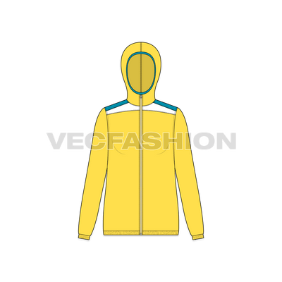 A vector apparel template for Women's Windbreaker Jacket. It has contrast colored panels and elastic on cuffs and bottom hem. 