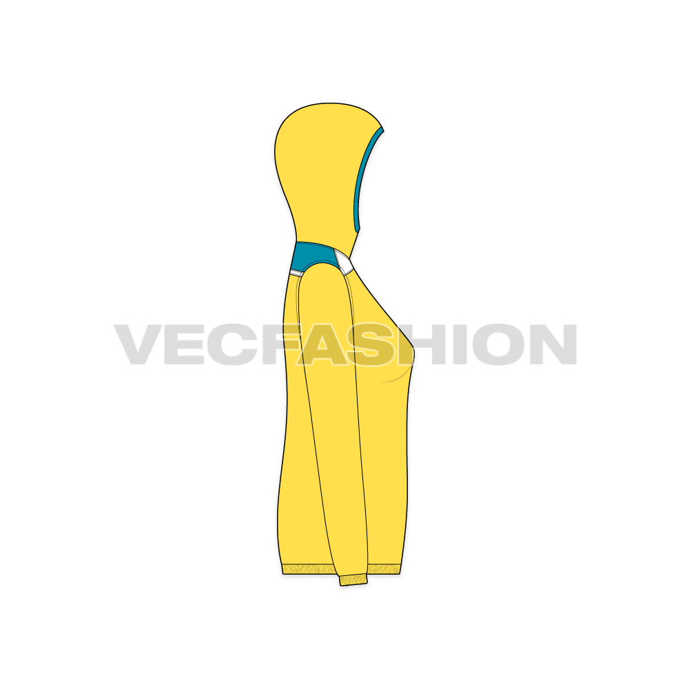 A vector apparel template for Women's Windbreaker Jacket. It has contrast colored panels and elastic on cuffs and bottom hem. 