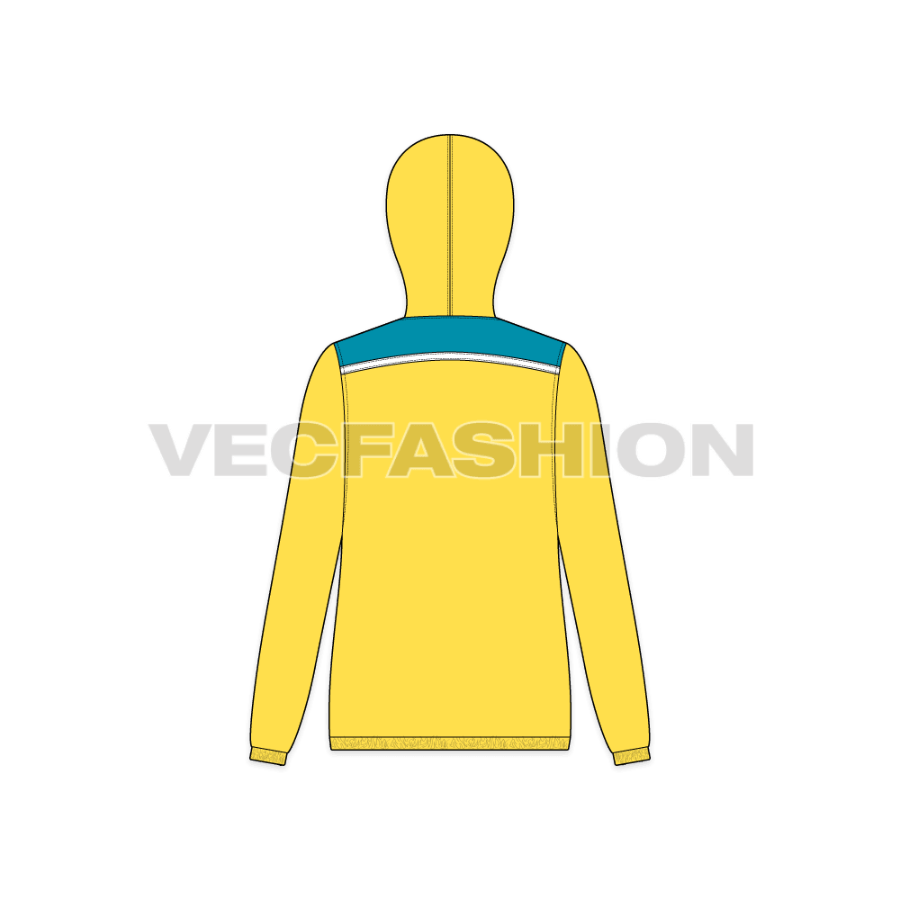 A vector apparel template for Women's Windbreaker Jacket. It has contrast colored panels and elastic on cuffs and bottom hem. 