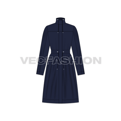 A vector template for Women's Winter Coat. It has wide body cut and decorated with special trims and long strings. 