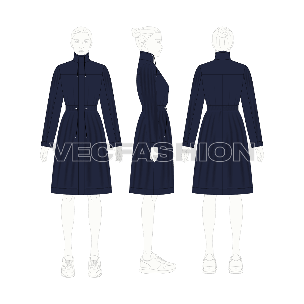Women's Winter Coat flat sketch, croqui sketch
